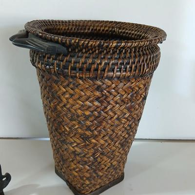 Vintage Wicker Basket & Brass / Metal Elephant door stop