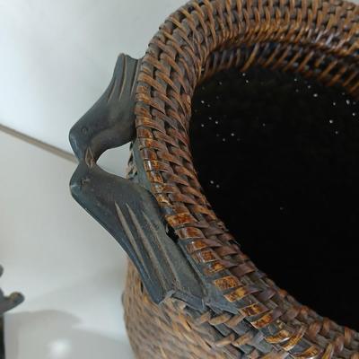 Vintage Wicker Basket & Brass / Metal Elephant door stop