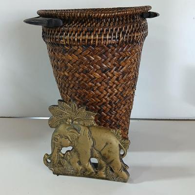 Vintage Wicker Basket & Brass / Metal Elephant door stop