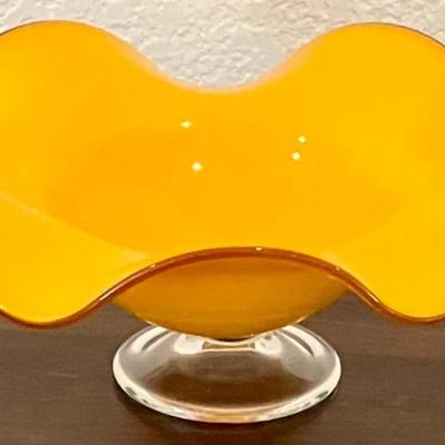 Vintage Yellow/Orange Art Glass Pedestal Bowl