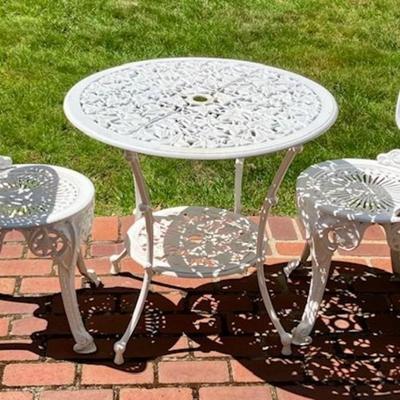 White Metal Bistro Table & Two Chairs