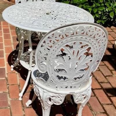 White Metal Bistro Table & Two Chairs
