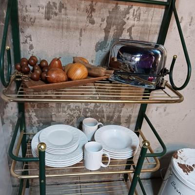 MIKASA DINNERWARE FOR 4, WOODEN FRUIT AND A 2 SLICE TOASTER
