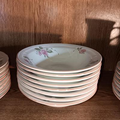 GIBSON DINNERWARE SERVICE FOR 7 AND A PUNCH BOWL WITH GLASS CUPS