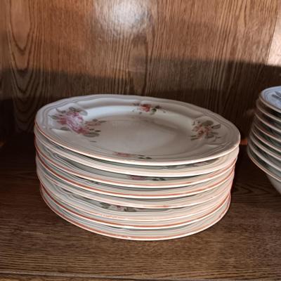 GIBSON DINNERWARE SERVICE FOR 7 AND A PUNCH BOWL WITH GLASS CUPS