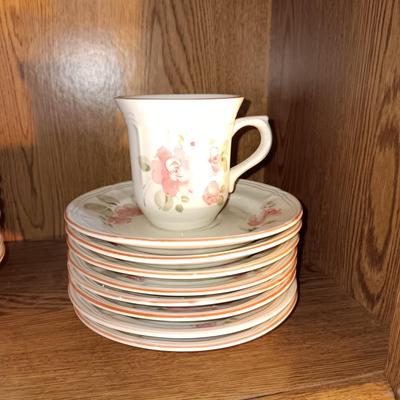 GIBSON DINNERWARE SERVICE FOR 7 AND A PUNCH BOWL WITH GLASS CUPS