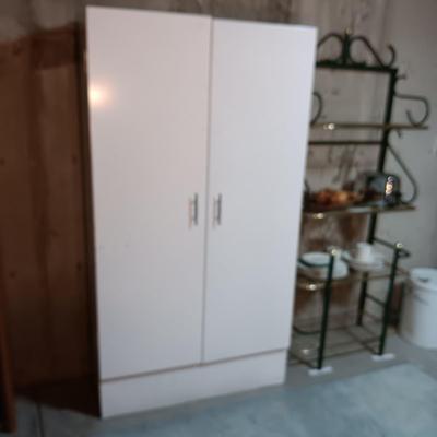 METAL STORAGE CABINET, SWIVEL STOOL AND A FAN