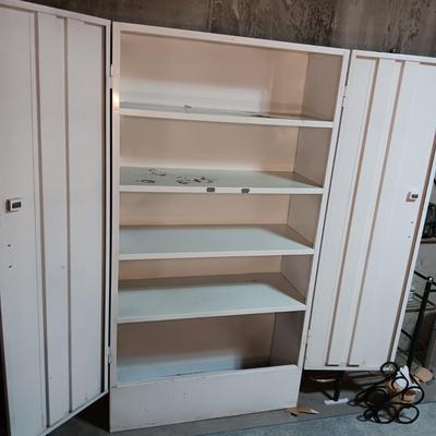 METAL STORAGE CABINET, SWIVEL STOOL AND A FAN