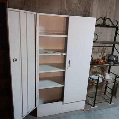 METAL STORAGE CABINET, SWIVEL STOOL AND A FAN