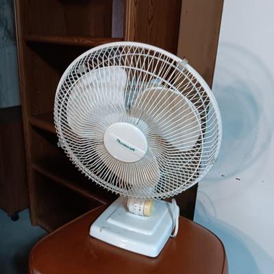 METAL STORAGE CABINET, SWIVEL STOOL AND A FAN