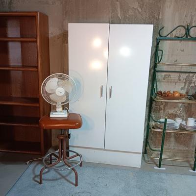 METAL STORAGE CABINET, SWIVEL STOOL AND A FAN