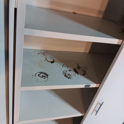 METAL STORAGE CABINET, SWIVEL STOOL AND A FAN