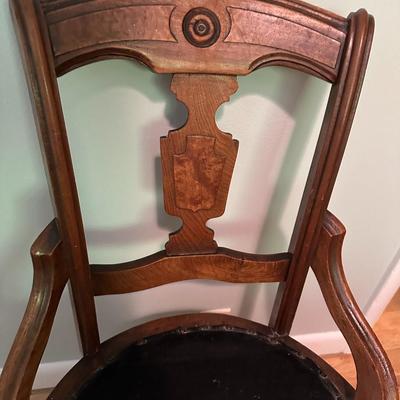 Sale Photo Thumbnail #308: Excellent condition for age!  The wood shows very little sign of age.  Beautiful woodwork with intricate carving.  Seat cushion could use a cleaning.