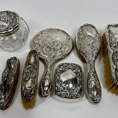 925 Sterling Silver Vanity 7 piece Set Monogramed 1902 Pat Floral Pattern - Mirror, (3) Brushes, Nail Buffer, Glass Jar, Soap Box