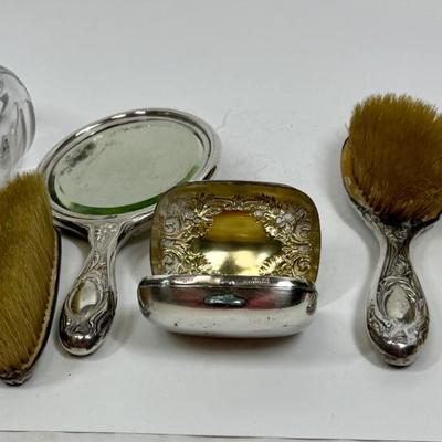 925 Sterling Silver Vanity 7 piece Set Monogramed 1902 Pat Floral Pattern - Mirror, (3) Brushes, Nail Buffer, Glass Jar, Soap Box