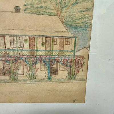 Sale Photo Thumbnail #239: The image shows a framed colored pencil drawing of a building, possibly a house or inn, with an attached porch or veranda. Maybe the Pilot House in New Orleans, or early building in San Juan Capistrano CA, or Spain.
Matted and framed, good condition. Arti