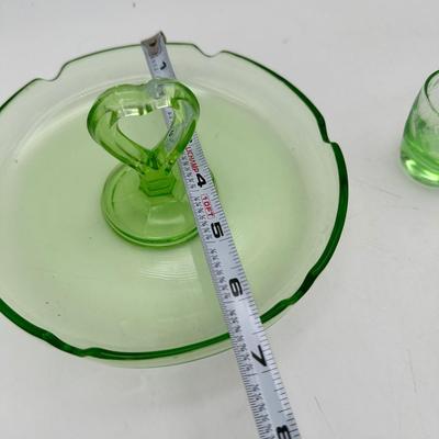 Sale Photo Thumbnail #484: 1930’s Depression glass shot glasses, ash tray caddy set, heart handle. Green glass, one pink? One shot glass chipped - see pics