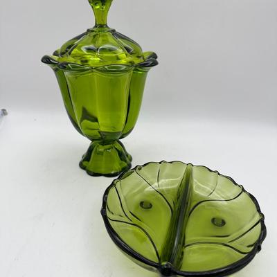 VTG Viking Glass “Epic 6 Petal” Candy Dish and Divided Serving Dish in Avocado Green