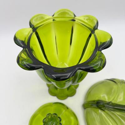 VTG Viking Glass “Epic 6 Petal” Candy Dish and Divided Serving Dish in Avocado Green