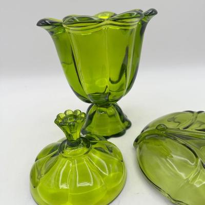 VTG Viking Glass “Epic 6 Petal” Candy Dish and Divided Serving Dish in Avocado Green