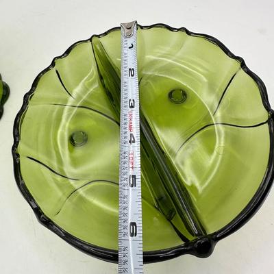 VTG Viking Glass “Epic 6 Petal” Candy Dish and Divided Serving Dish in Avocado Green