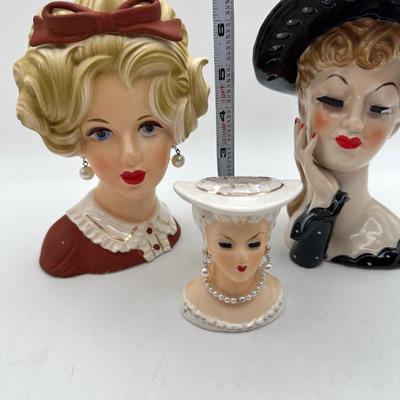 Sale Photo Thumbnail #522: Richly hand painted vintage lady head vases. See pictures for eyelash condition on one. We’ve all been there, right ladies? Wink, wink!