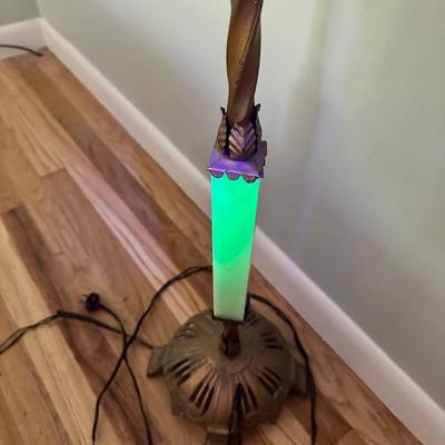 Sale Photo Thumbnail #578: Reactive uranium glass in sea foam green and gold painted iron lamp. Needs re-wired cord is frayed.