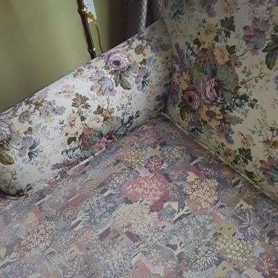 Sale Photo Thumbnail #13: Gorgeous Floral and Stripe, 3 Pattern Loveseat in excellent condition. Custom upholstery. 49 wide x 37 deep x 31 high. Seat is 17.5 from floor.