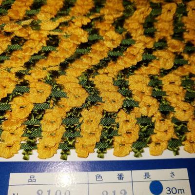 Sale Photo Thumbnail #156: 1/4" x 28 yards. Vintage. Still wound on cardboard.  Marked 8100 212. Yellow flowers on green. Good condition.