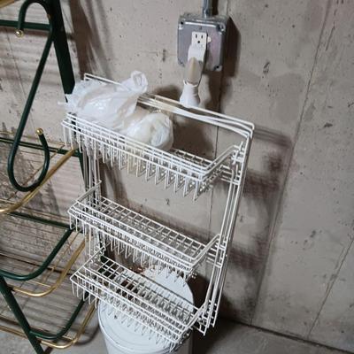 BAKER'S RACK, DOOR MOUNTED ORGANIZERS, LARGE TIN CAN AND IRON WINE RACK