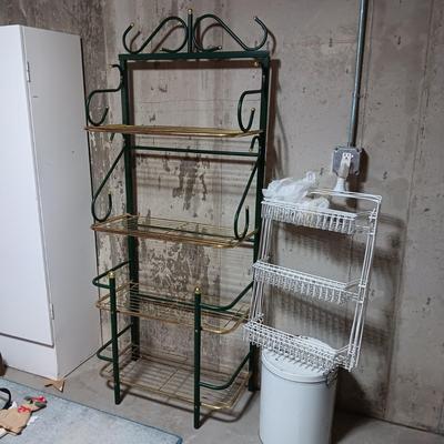 BAKER'S RACK, DOOR MOUNTED ORGANIZERS, LARGE TIN CAN AND IRON WINE RACK