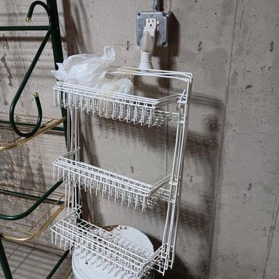 BAKER'S RACK, DOOR MOUNTED ORGANIZERS, LARGE TIN CAN AND IRON WINE RACK