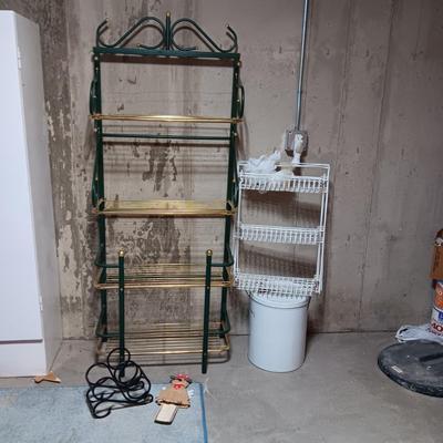 BAKER'S RACK, DOOR MOUNTED ORGANIZERS, LARGE TIN CAN AND IRON WINE RACK