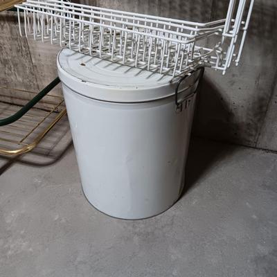 BAKER'S RACK, DOOR MOUNTED ORGANIZERS, LARGE TIN CAN AND IRON WINE RACK