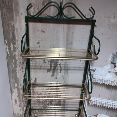BAKER'S RACK, DOOR MOUNTED ORGANIZERS, LARGE TIN CAN AND IRON WINE RACK
