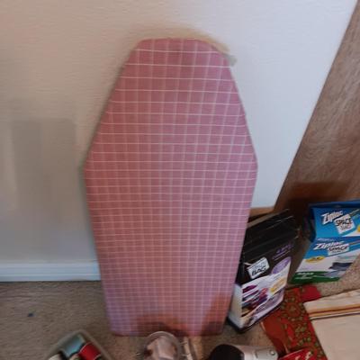 SEWING NOTIONS/BUTTONS, UNFINISHED TEA TOWELS, IRON AND BOARD PLUS MORE