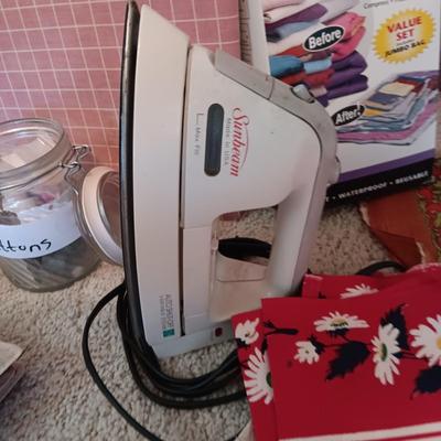 SEWING NOTIONS/BUTTONS, UNFINISHED TEA TOWELS, IRON AND BOARD PLUS MORE