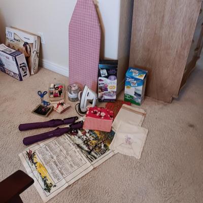 SEWING NOTIONS/BUTTONS, UNFINISHED TEA TOWELS, IRON AND BOARD PLUS MORE
