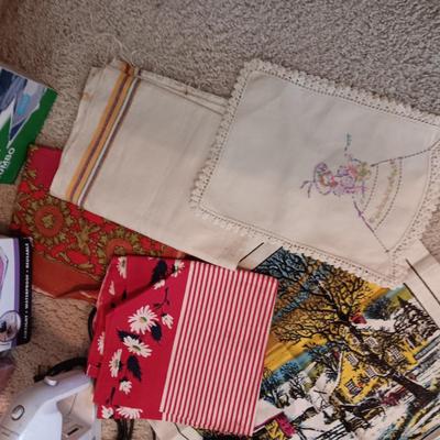 SEWING NOTIONS/BUTTONS, UNFINISHED TEA TOWELS, IRON AND BOARD PLUS MORE