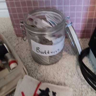 SEWING NOTIONS/BUTTONS, UNFINISHED TEA TOWELS, IRON AND BOARD PLUS MORE