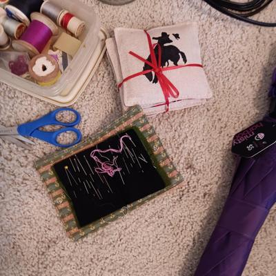 SEWING NOTIONS/BUTTONS, UNFINISHED TEA TOWELS, IRON AND BOARD PLUS MORE
