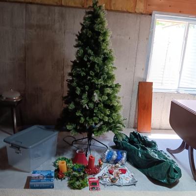 7 FOOT LIT TREE W/ORNAMENTS, SKIRT, AND MORE