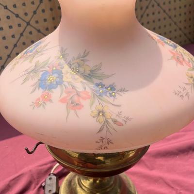 Antique Oil Lamp - Pink Frosted Shade - Electrified