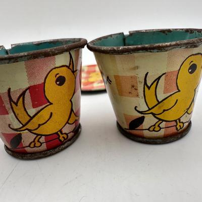 Sale Photo Thumbnail #353: Tin teapot with lid, 2 cups 2 saucers