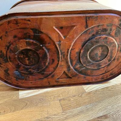 Sale Photo Thumbnail #667: Copper tub with wooden handles, original lid, in excellent condition!