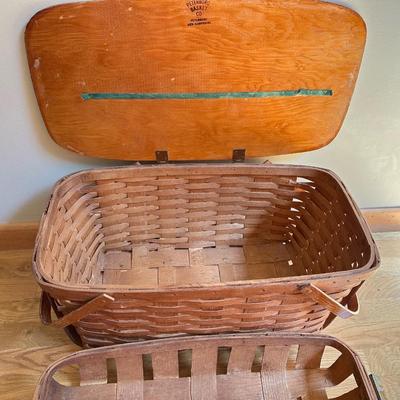 Sale Photo Thumbnail #864: Large vintage hand woven basket with wooden handles lid.