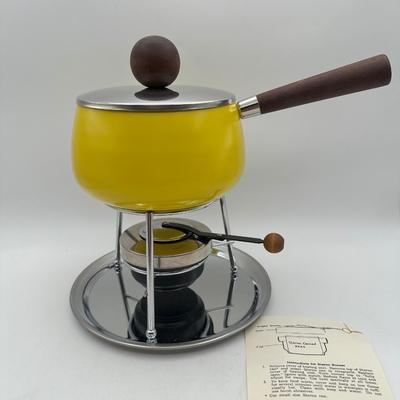 Pristine Vintage Fondue Pot in Canary Yellow, Wood Handles
