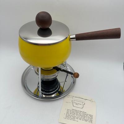 Pristine Vintage Fondue Pot in Canary Yellow, Wood Handles