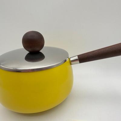 Pristine Vintage Fondue Pot in Canary Yellow, Wood Handles
