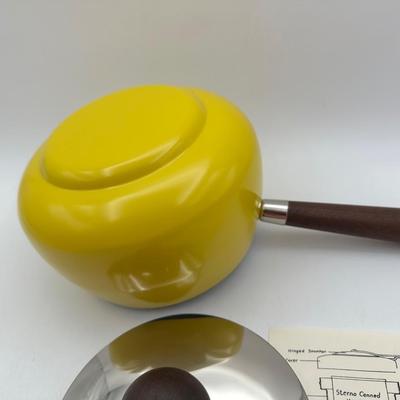 Pristine Vintage Fondue Pot in Canary Yellow, Wood Handles